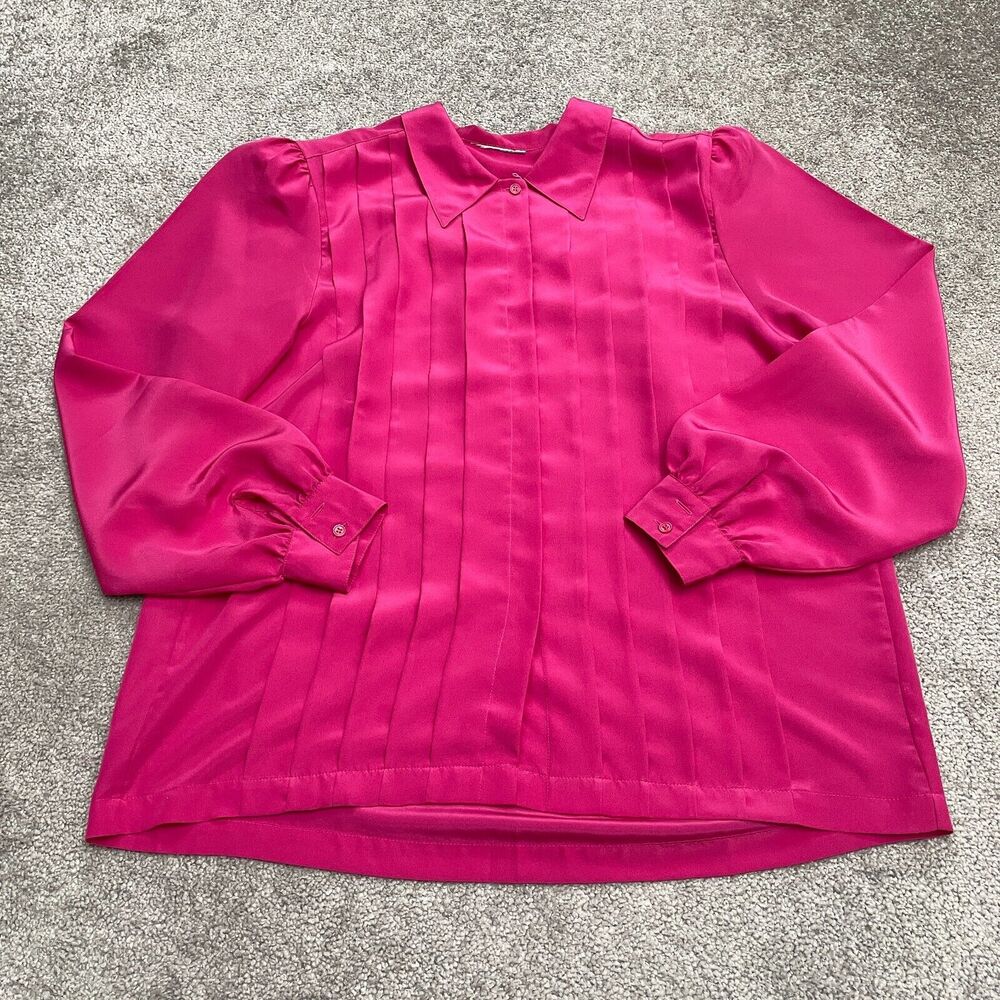 Unbranded Satin Pleated Blouse Womens Large Pink Long Sleeve Collared Padded Top